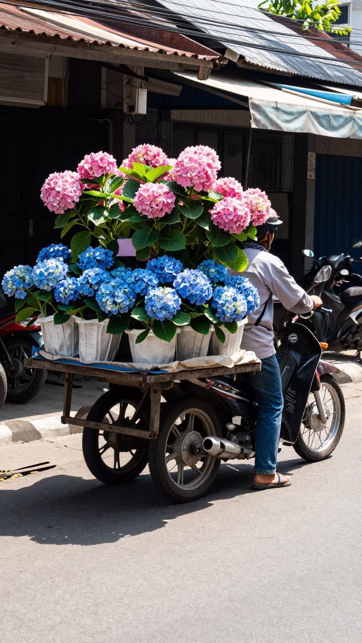 Yogyakarta Indonesia street scene with motorbike vendor selling blue hydrangeas under harsh noon light in in Yogyakarta, Indonesia