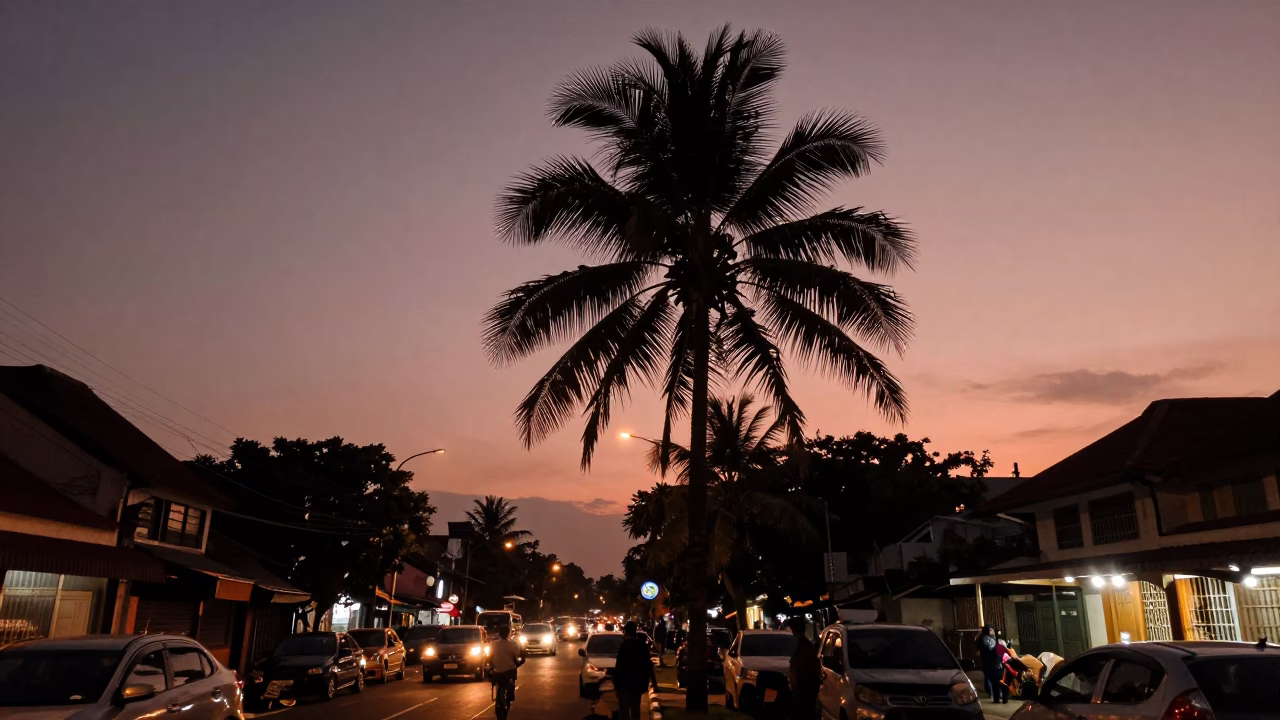 Yogyakarta Indonesia Street Scene with Palm Tree Silhouette Before Dusk in in Yogyakarta, Indonesia