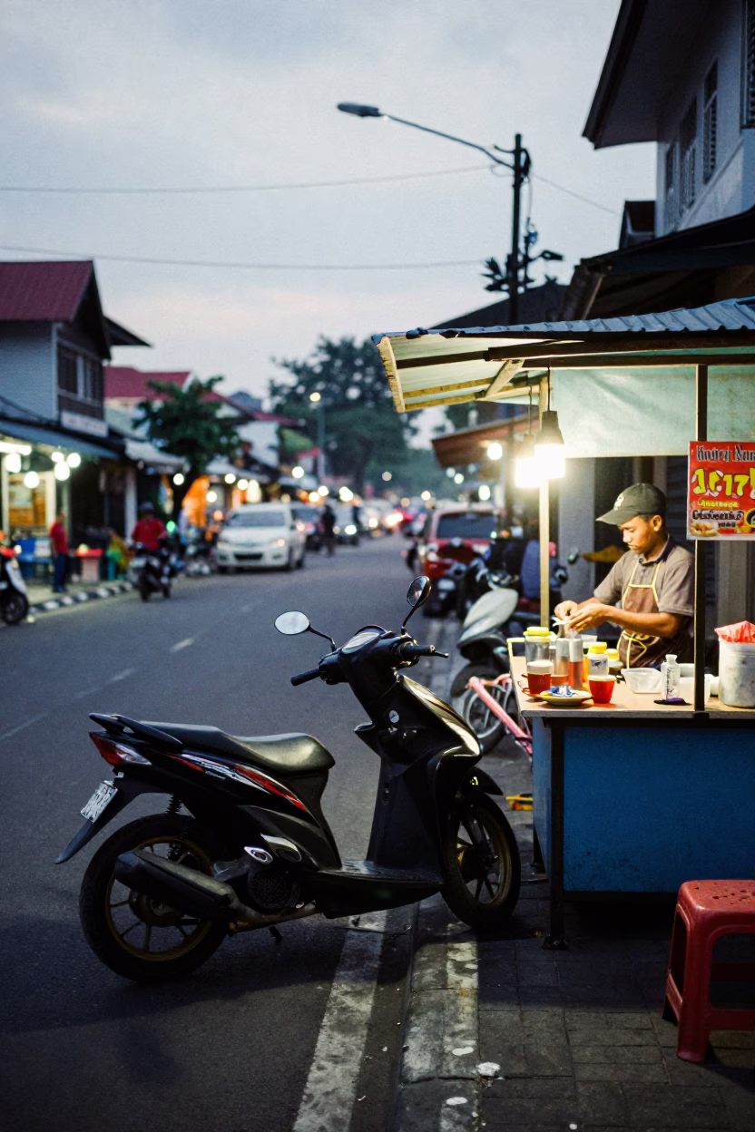 Yogyakarta Indonesia Street Scene with Scooter and Traditional Tea at Dusk in in Yogyakarta, Indonesia