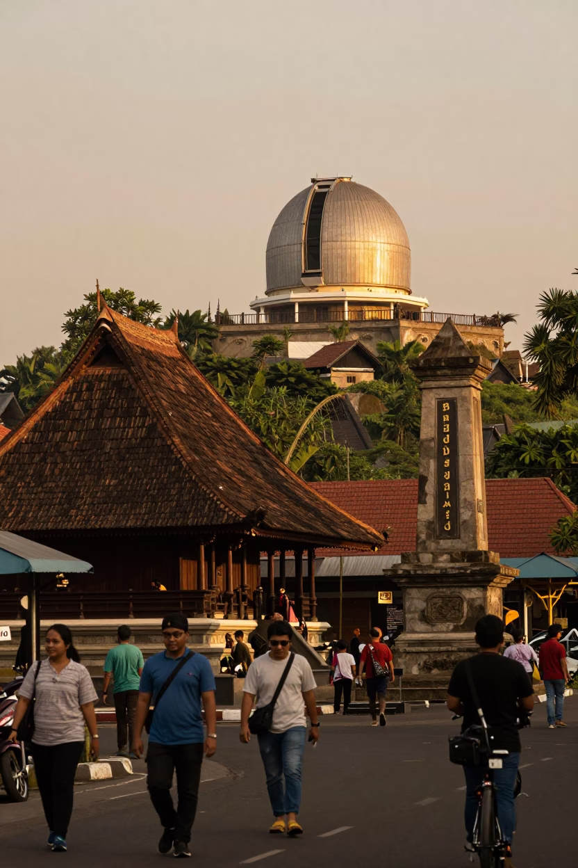 Yogyakarta Indonesia street scene with stone observatory on hilltop during honeyed evening light in in Yogyakarta, Indonesia