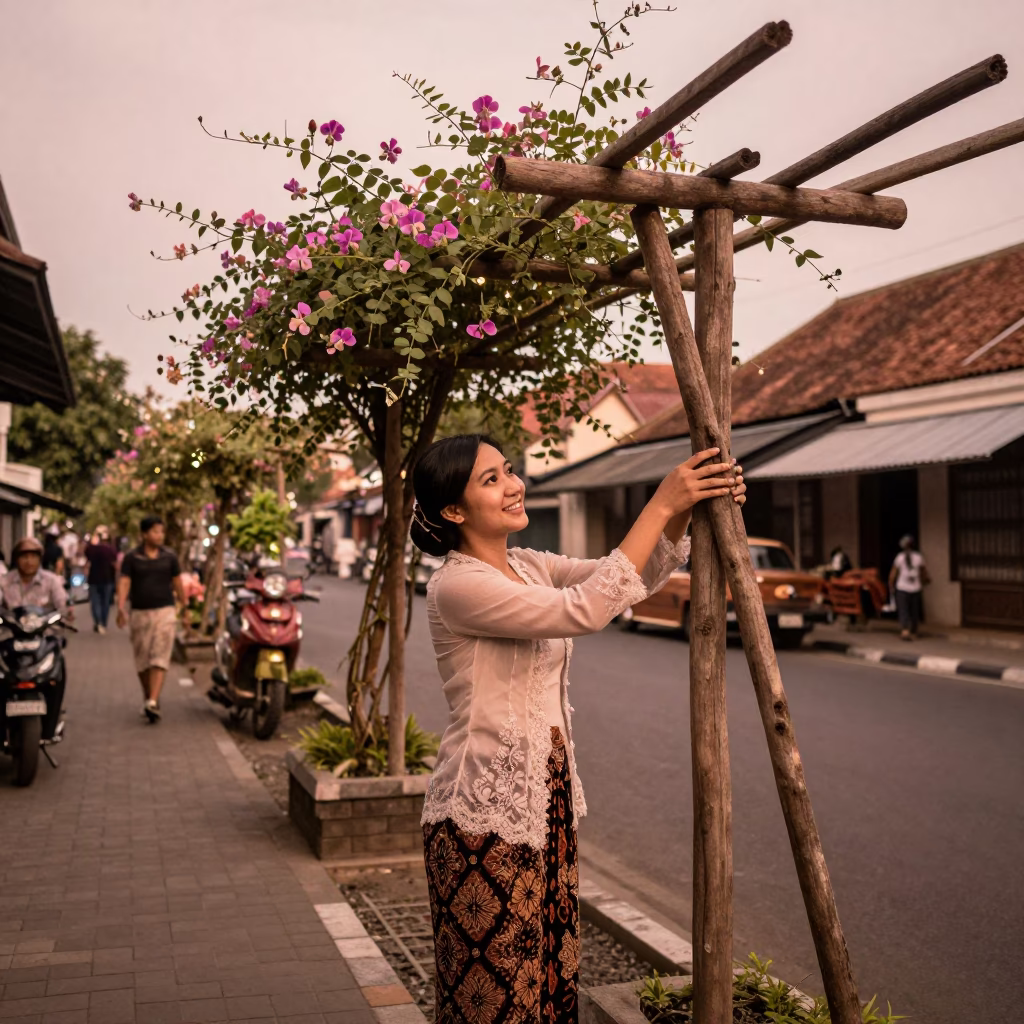 Yogyakarta Indonesia street scene with sweet pea trellis and vintage 1950s ambiance in in Yogyakarta, Indonesia