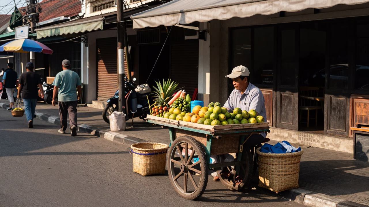 Yogyakarta Indonesia Street Scene with Woven Basket and Local Market Activity in in Yogyakarta, Indonesia