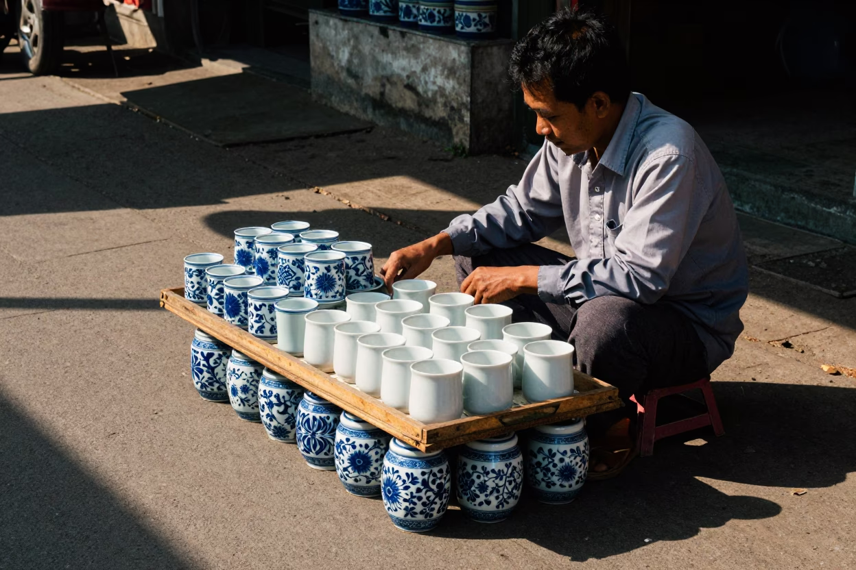 Yogyakarta Indonesia street vendor selling blue and white porcelain cups in early afternoon light in in Yogyakarta, Indonesia