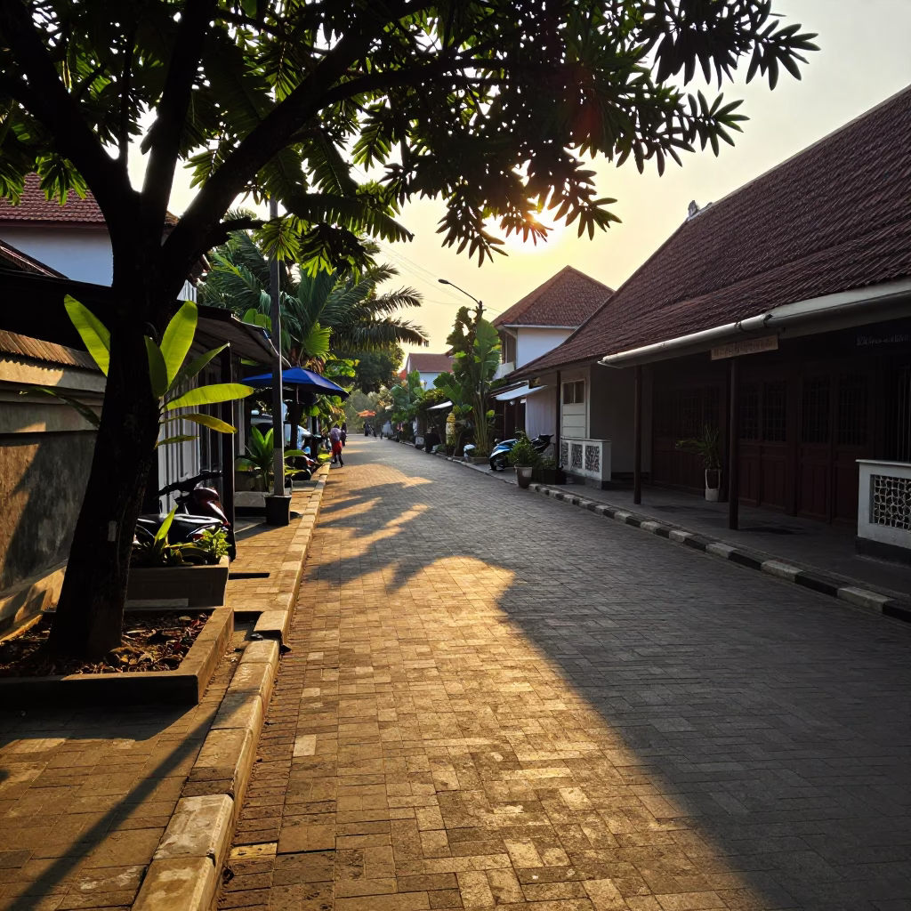 Yogyakarta Indonesia Sunset Street Scene with Leaf Shadows and Traditional Architecture in in Yogyakarta, Indonesia