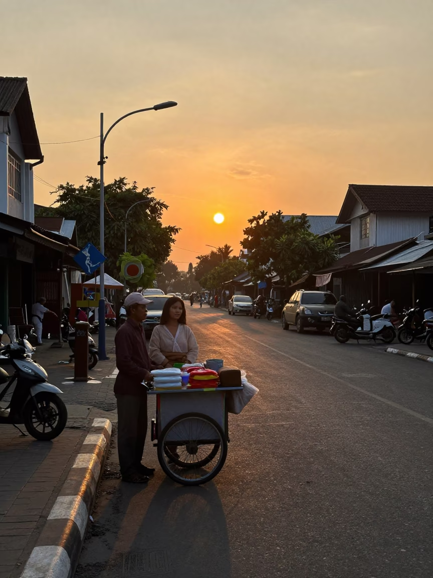 Yogyakarta Indonesia Sunset Street Scene with Local Vendor and Model Airplane in in Yogyakarta, Indonesia