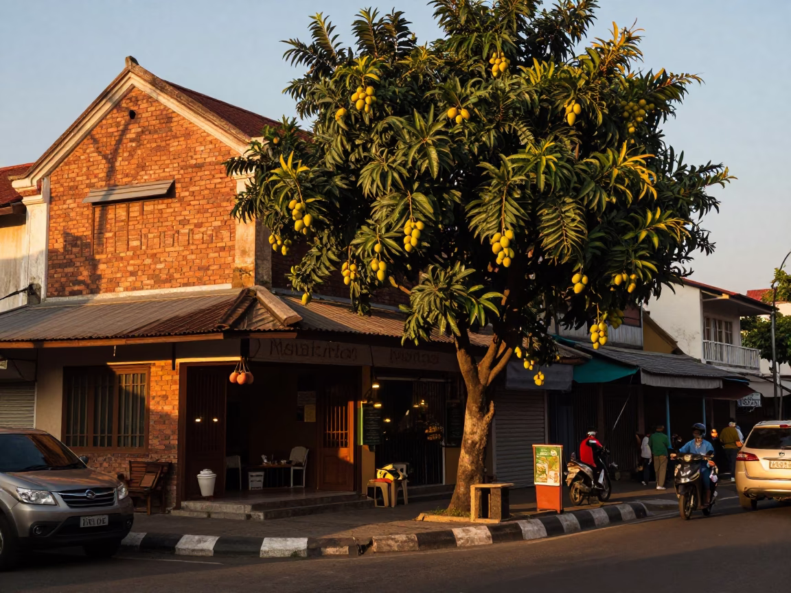 Yogyakarta Indonesia Sunset Street Scene with Mango Tree and Local Vendor in in Yogyakarta, Indonesia