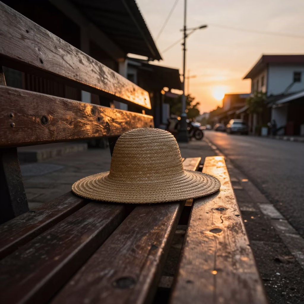 Yogyakarta Indonesia Sunset Street Scene with Sun Hat and Prayer Beads on Wooden Bench in in Yogyakarta, Indonesia