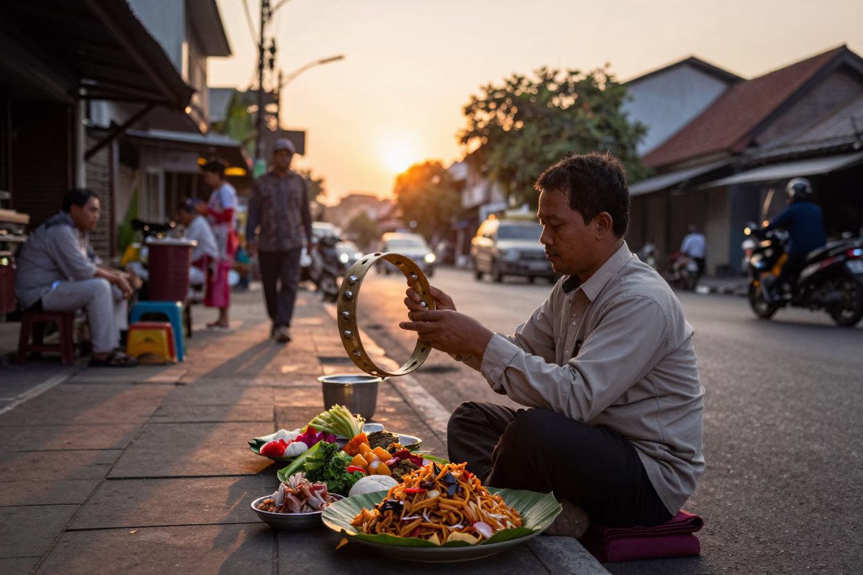 Yogyakarta Indonesia Sunset Street Scene with Tambourine and Gallo Pinto Plate in in Yogyakarta, Indonesia