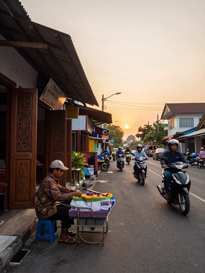 Yogyakarta Indonesia Sunset Street Scene with Traditional Batik Vendor and Local Traffic in in Yogyakarta, Indonesia
