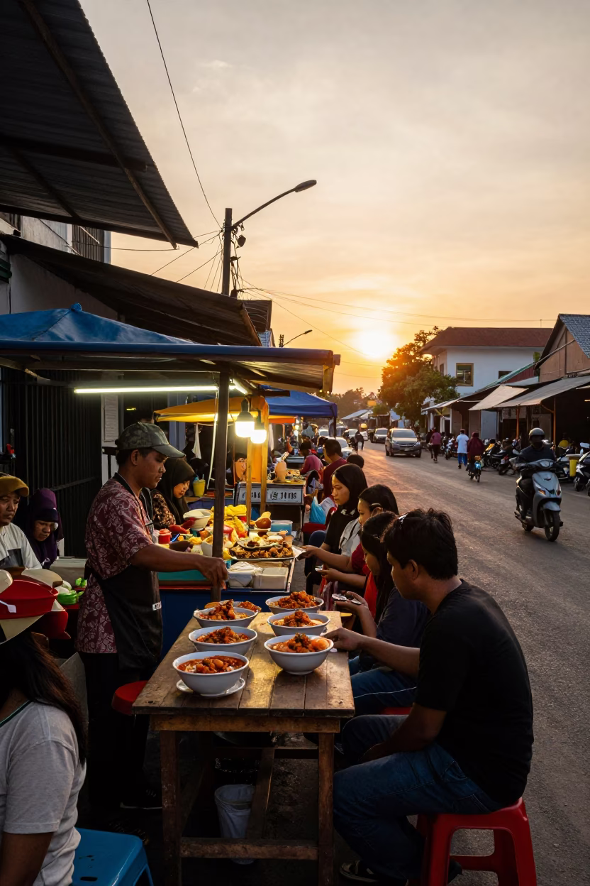 Yogyakarta Indonesia Sunset Street Scene with Traditional Food and Daily Life in in Yogyakarta, Indonesia