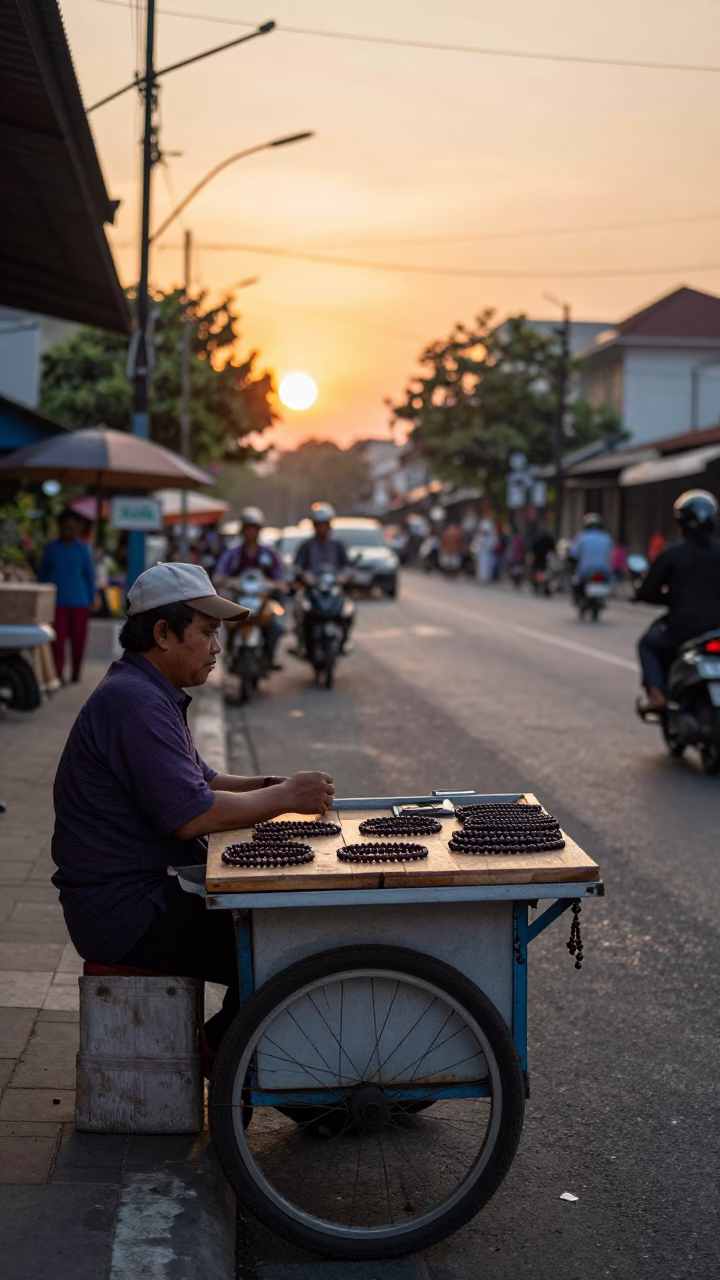 Yogyakarta Indonesia Sunset Street Scene with Traditional Prayer Beads and Local Life in in Yogyakarta, Indonesia
