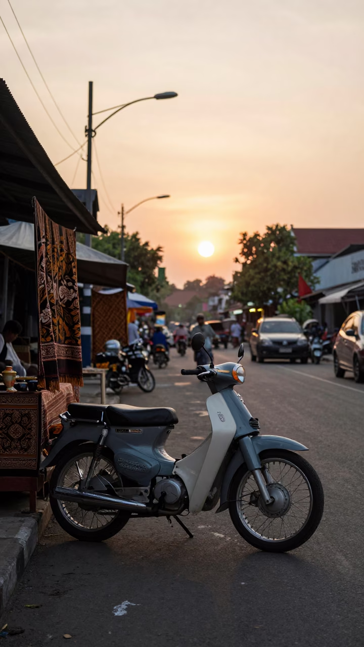 Yogyakarta Indonesia Sunset Street Scene with Vintage Motorcycle and Local Pedestrians in in Yogyakarta, Indonesia