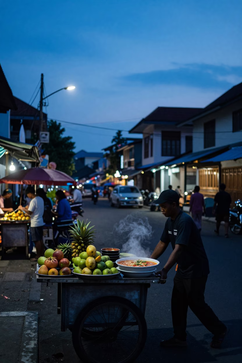 Yogyakarta Indonesia Twilight Street Scene with Local Vendors and Traditional Architecture in in Yogyakarta, Indonesia