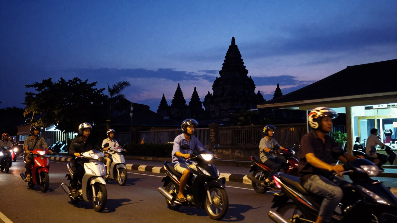 Yogyakarta Indonesia twilight street scene with motorbikes and temple silhouette in in Yogyakarta, Indonesia