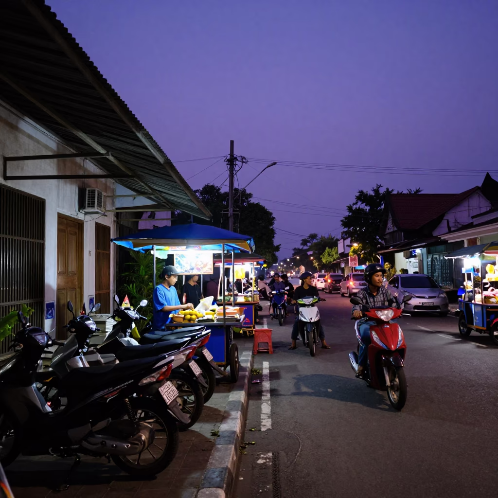 Yogyakarta Indonesia twilight street scene with motorbikes and vendors near historic architecture in in Yogyakarta, Indonesia