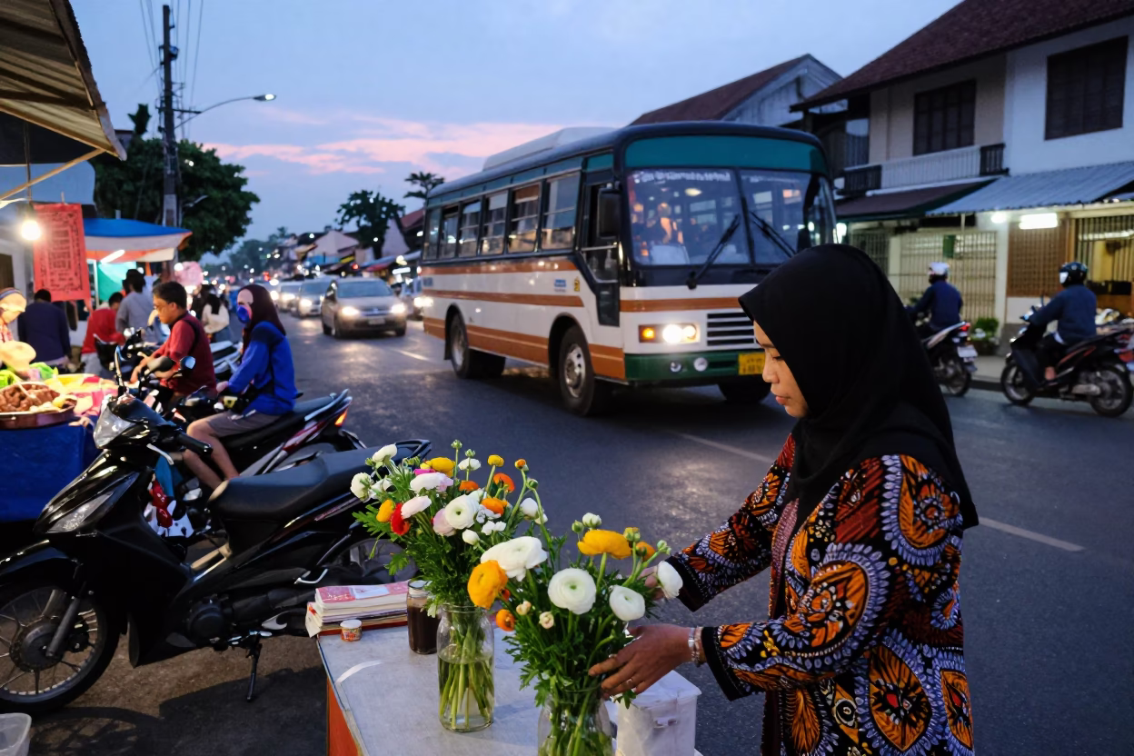Yogyakarta Indonesia Twilight Street Scene with Motorcycles and Traditional Batik Shop in in Yogyakarta, Indonesia