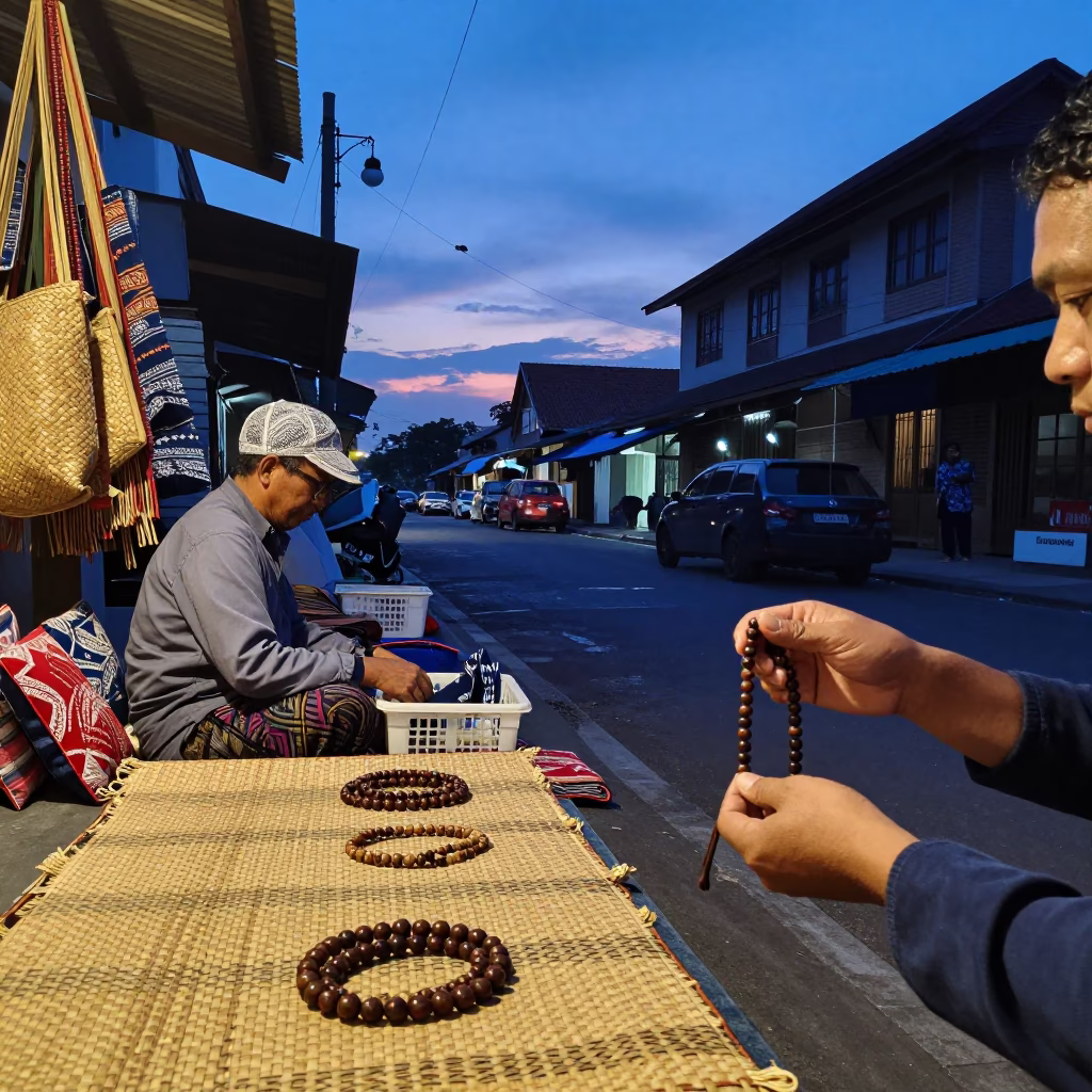 Yogyakarta Indonesia Twilight Street Scene with Prayer Beads and Woven Mats in in Yogyakarta, Indonesia