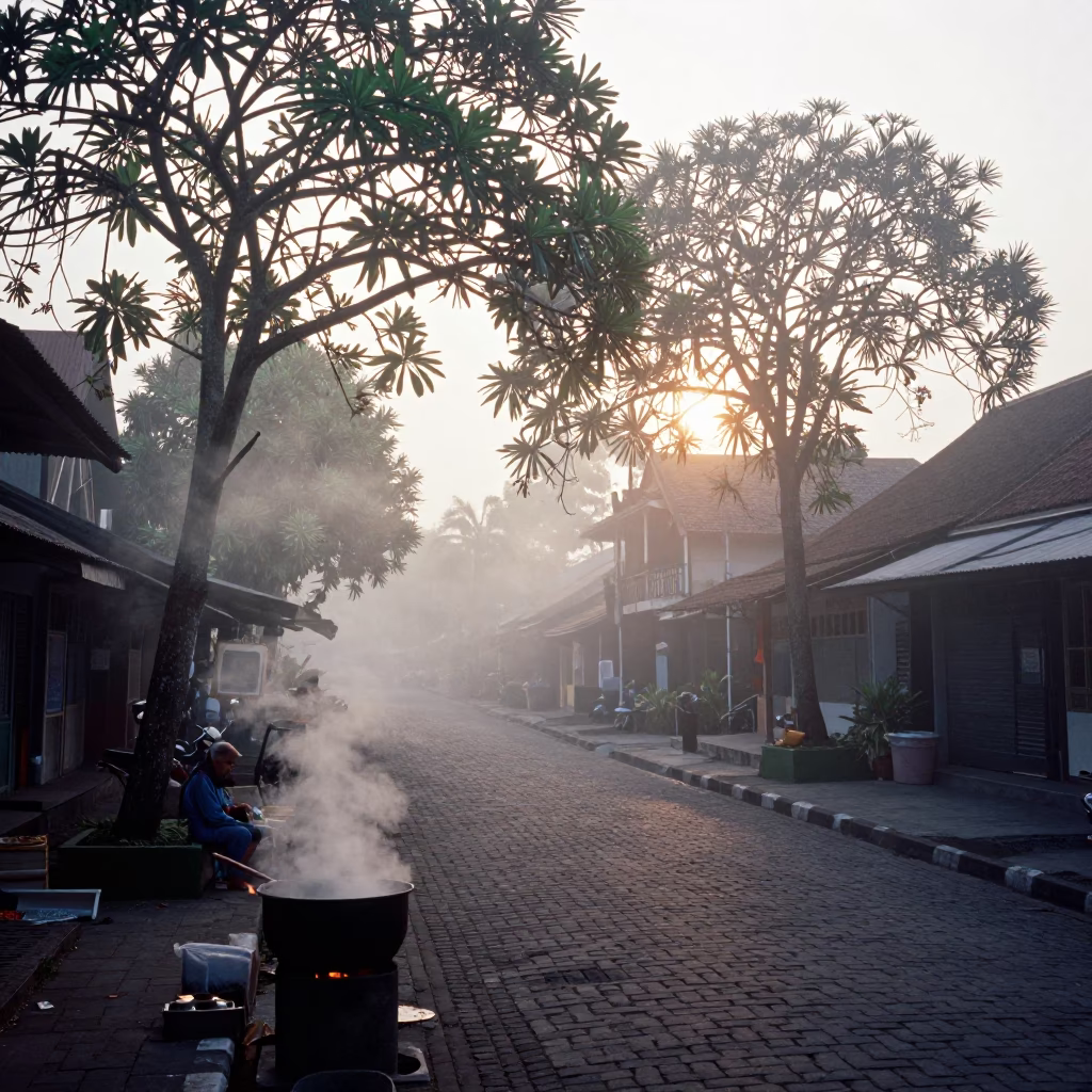 Yogyakarta misty dawn street scene with cooking pot in in Yogyakarta, Indonesia