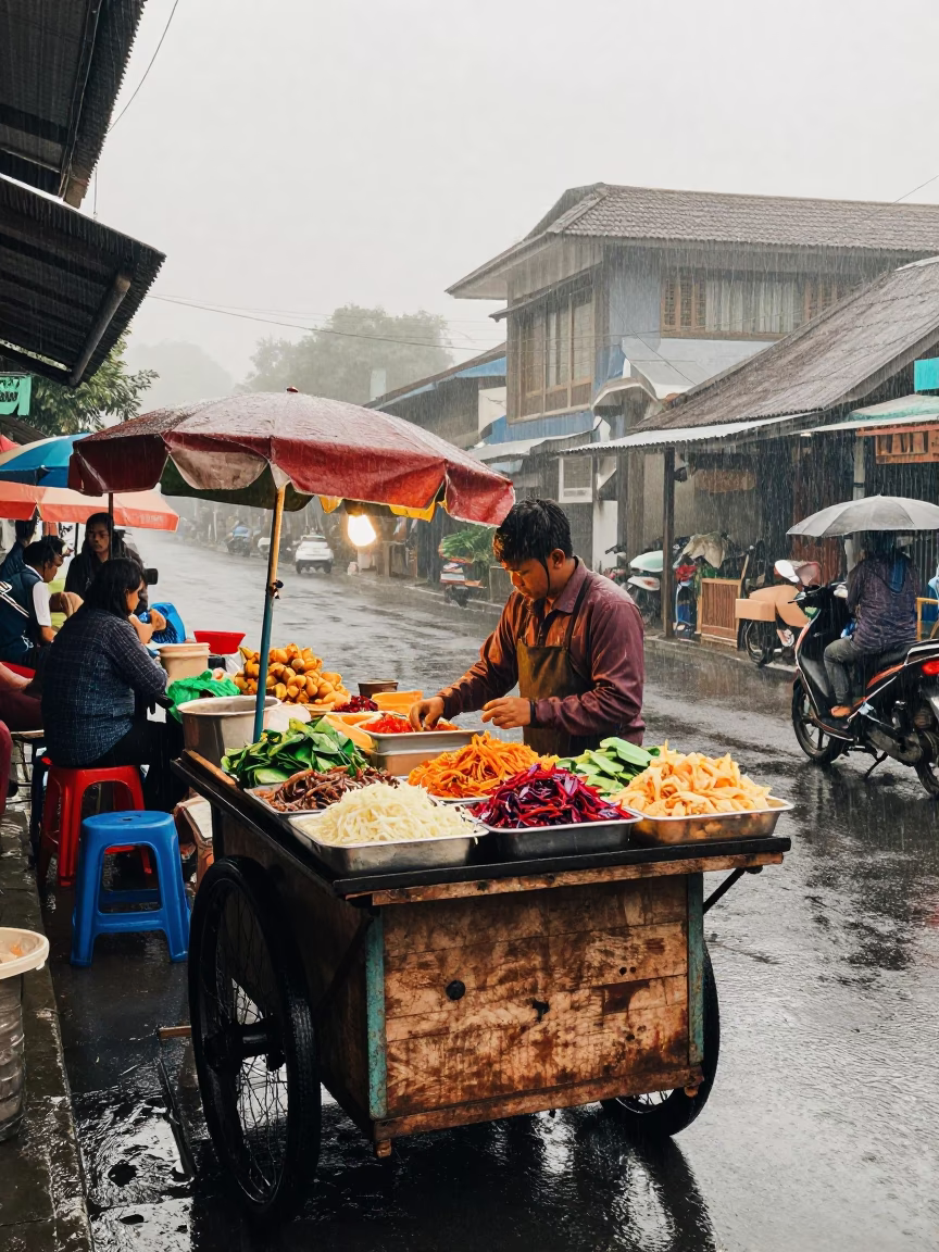 Yogyakarta Morning Rain Wet Street Food Stall Colorful Details in in Yogyakarta, Indonesia