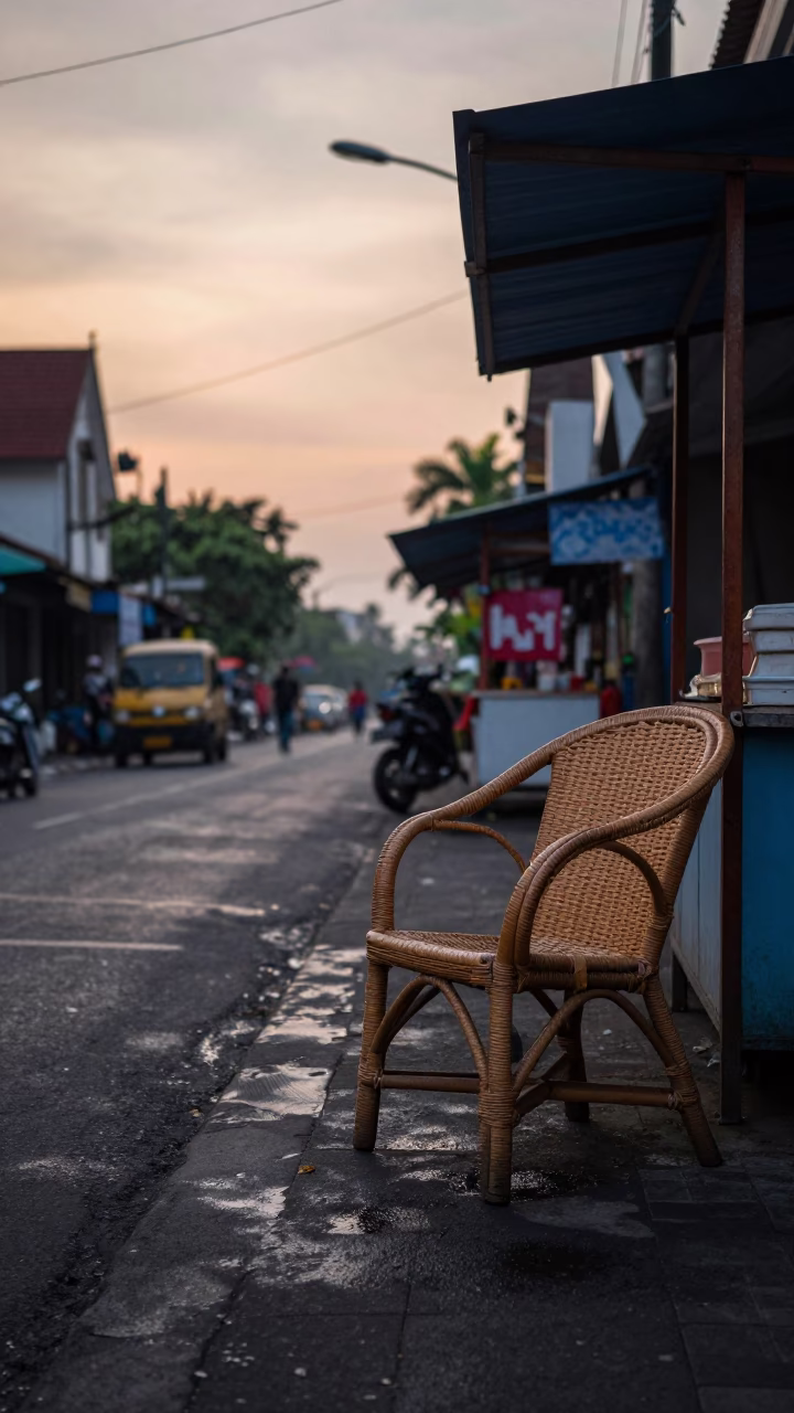 Yogyakarta Nautical Dawn Street Scene with Rattan Chair and Local Morning Activity in in Yogyakarta, Indonesia