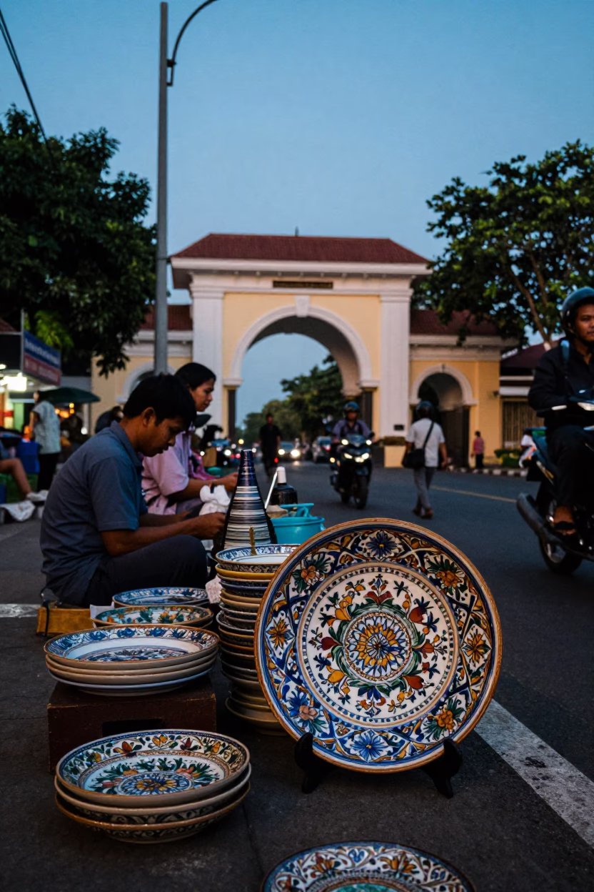 Yogyakarta Nautical Dawn Street Scene with Vintage Italian Majolica Plate and University Archway in in Yogyakarta, Indonesia