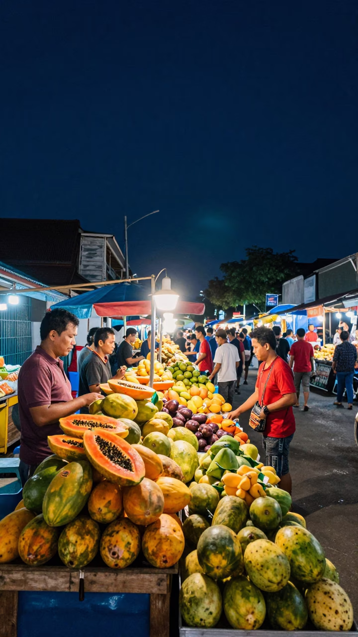 Yogyakarta Night Market Fruit Display Under Deep Night Sky in 1970s Indonesia in in Yogyakarta, Indonesia