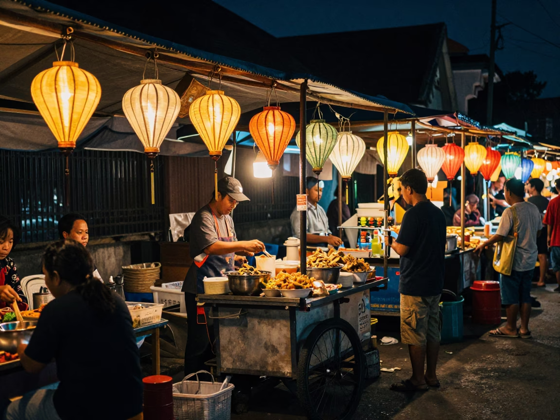 Yogyakarta Night Market Scene with Paper Lanterns and Local Street Vendors in in Yogyakarta, Indonesia