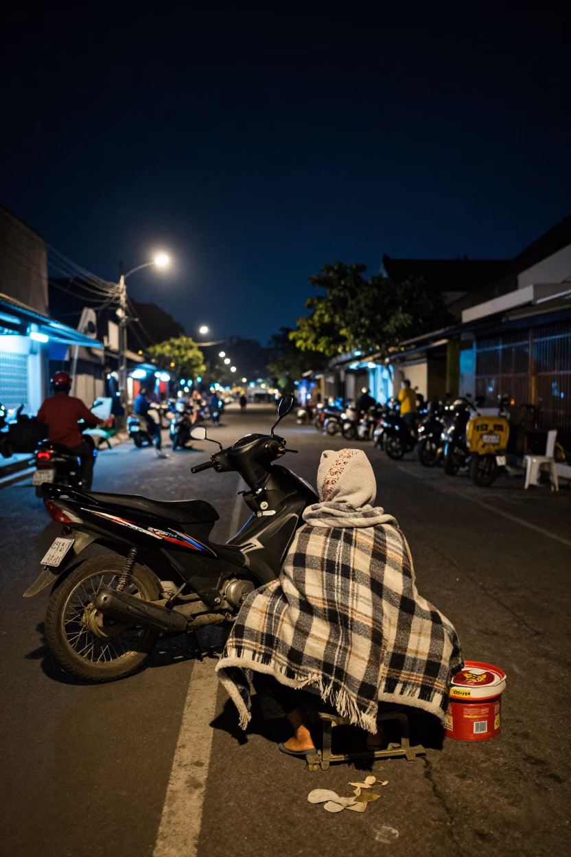 Yogyakarta Night Street Scene with Blanket and Scarf Under Deep Night Sky in in Yogyakarta, Indonesia