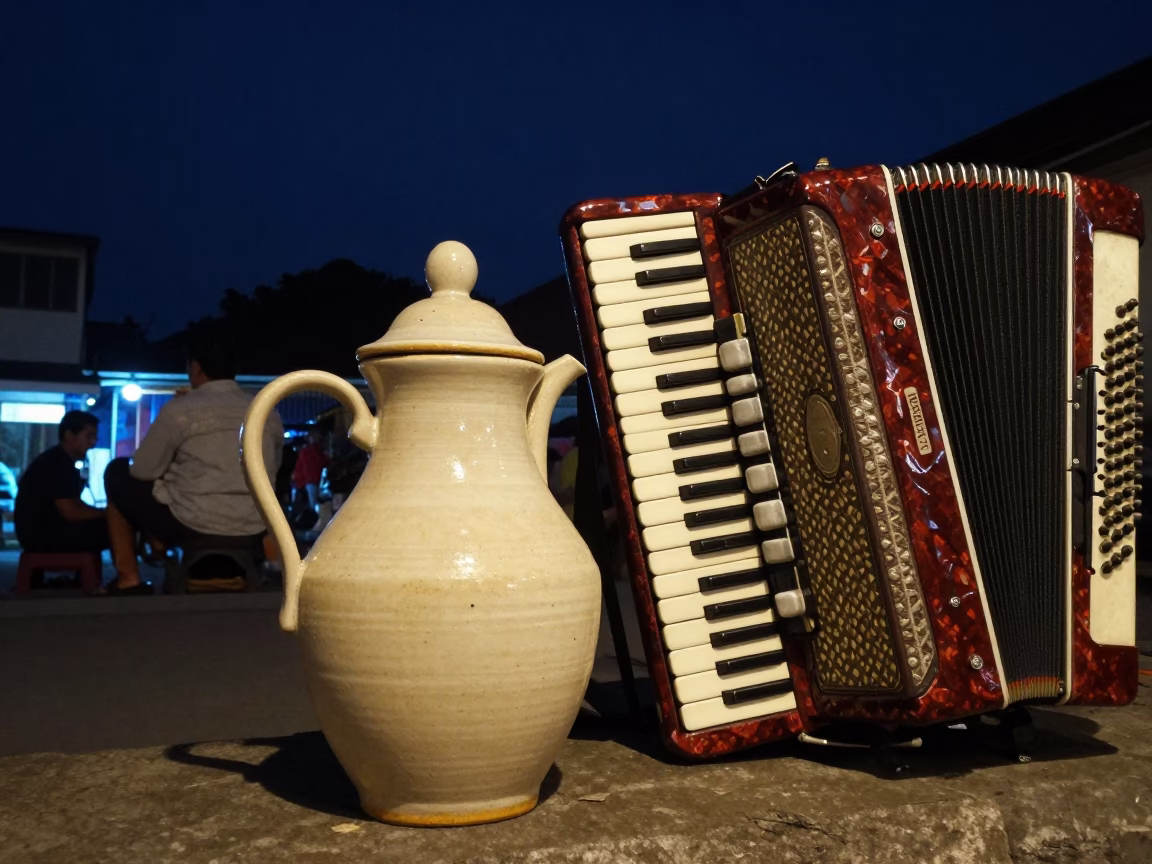 Yogyakarta Night Street Scene with Ceramic Pitcher and Accordion Under Deep Night Sky in in Yogyakarta, Indonesia