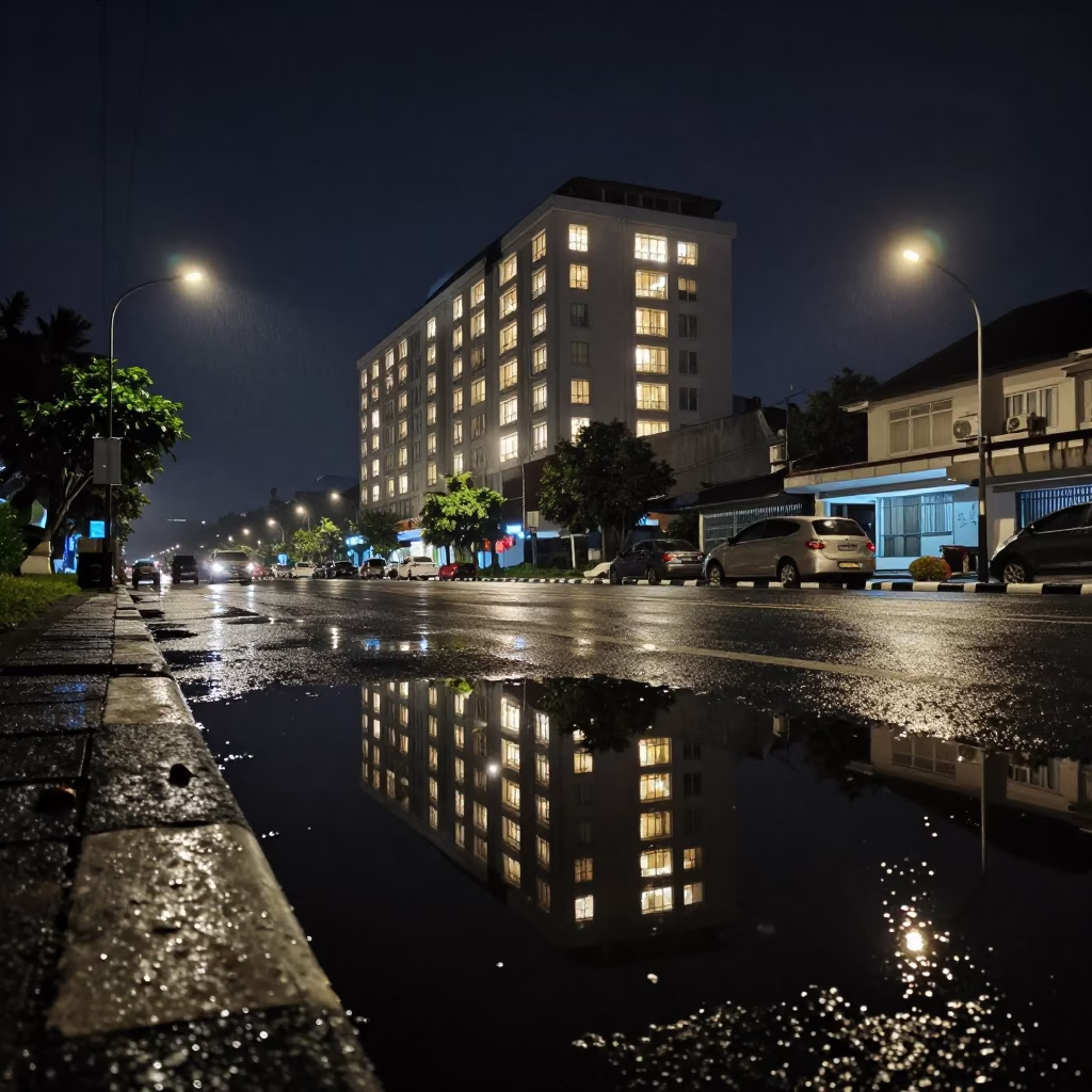 Yogyakarta Night Street Scene with Hotel Reflections and Puddle Lights in in Yogyakarta, Indonesia