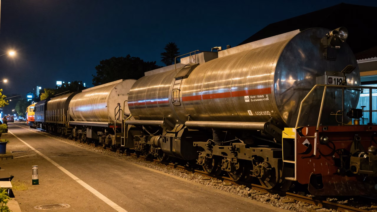 Yogyakarta Night Street Scene with Oil Tanker Train and Local Market Activity in in Yogyakarta, Indonesia