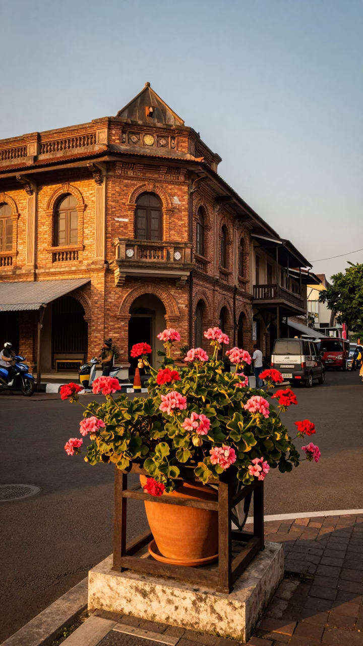 Yogyakarta street corner at golden hour with geraniums and traditional architecture in in Yogyakarta, Indonesia