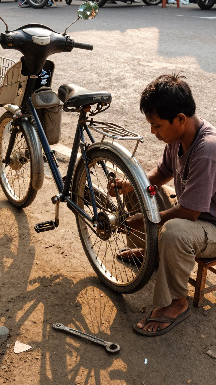 Yogyakarta street corner vendor repairs bicycle with worn tools in in Yogyakarta, Indonesia