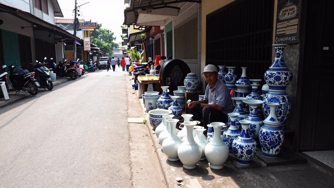 Yogyakarta street corner with blue and white porcelain and scrub brush in in Yogyakarta, Indonesia