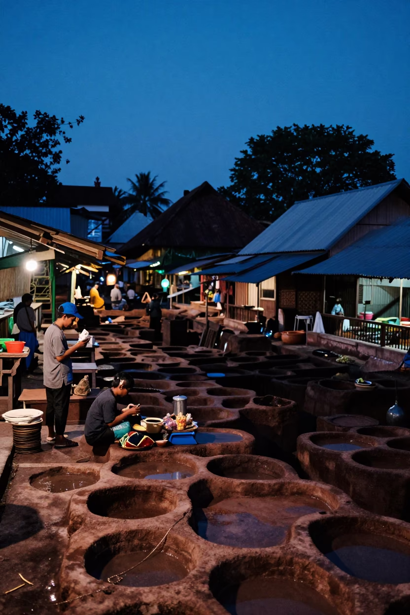 Yogyakarta street evening with leather tanning pits and local market activity in in Yogyakarta, Indonesia