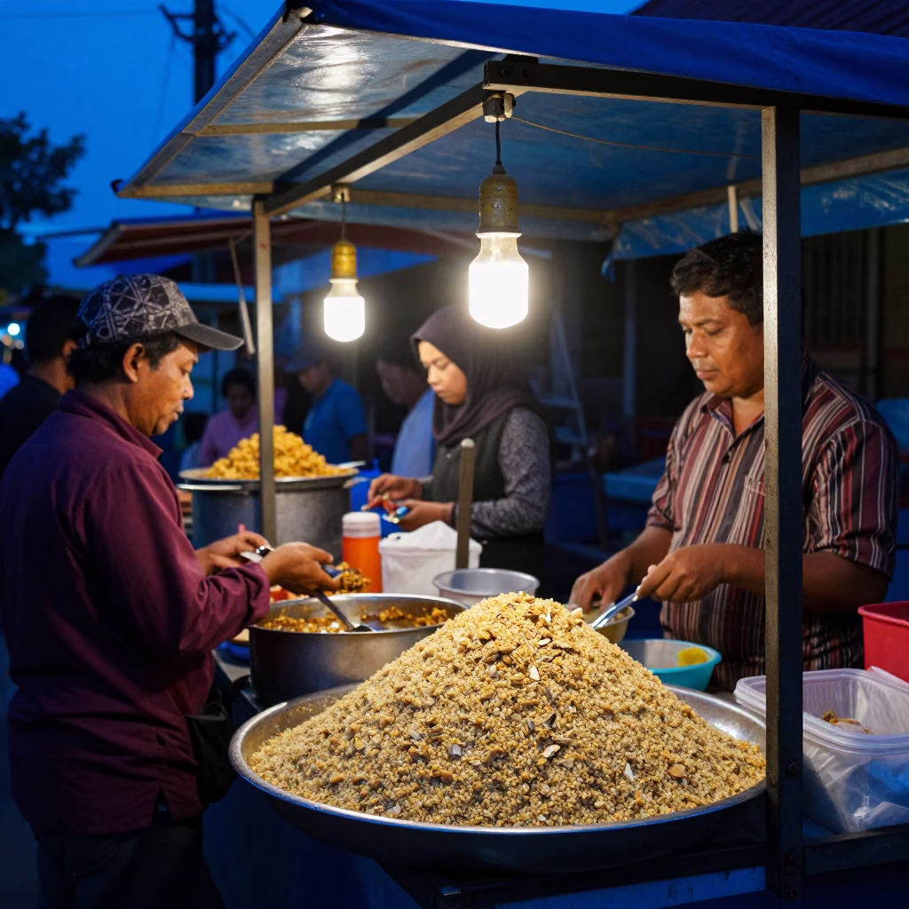 Yogyakarta street food stall serving kibbeh with cracked wheat during blue hour twilight in in Yogyakarta, Indonesia