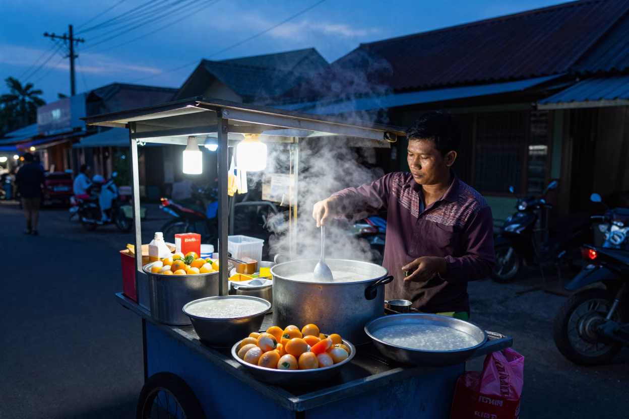 Yogyakarta street food vendor at blue hour with congee and century egg near Malioboro in in Yogyakarta, Indonesia