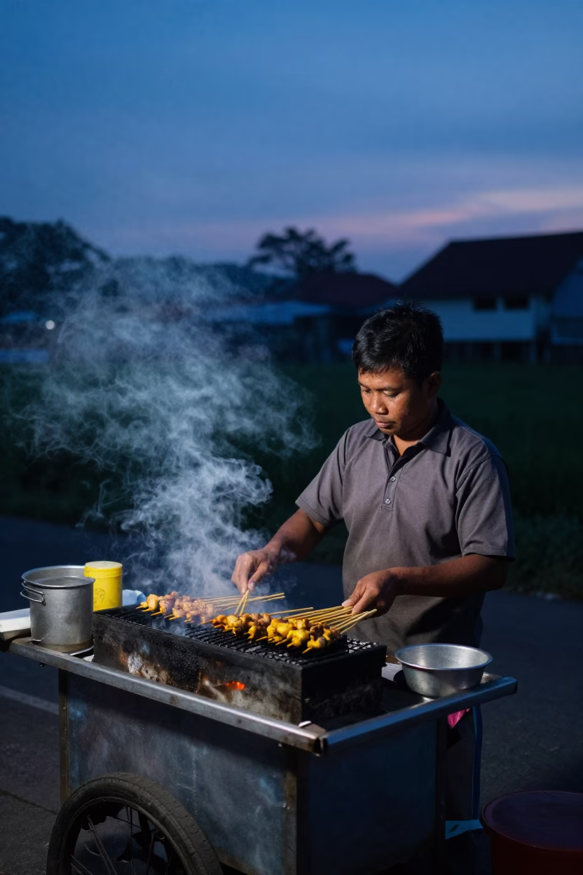 Yogyakarta street food vendor cooking satay during blue hour twilight in in Yogyakarta, Indonesia