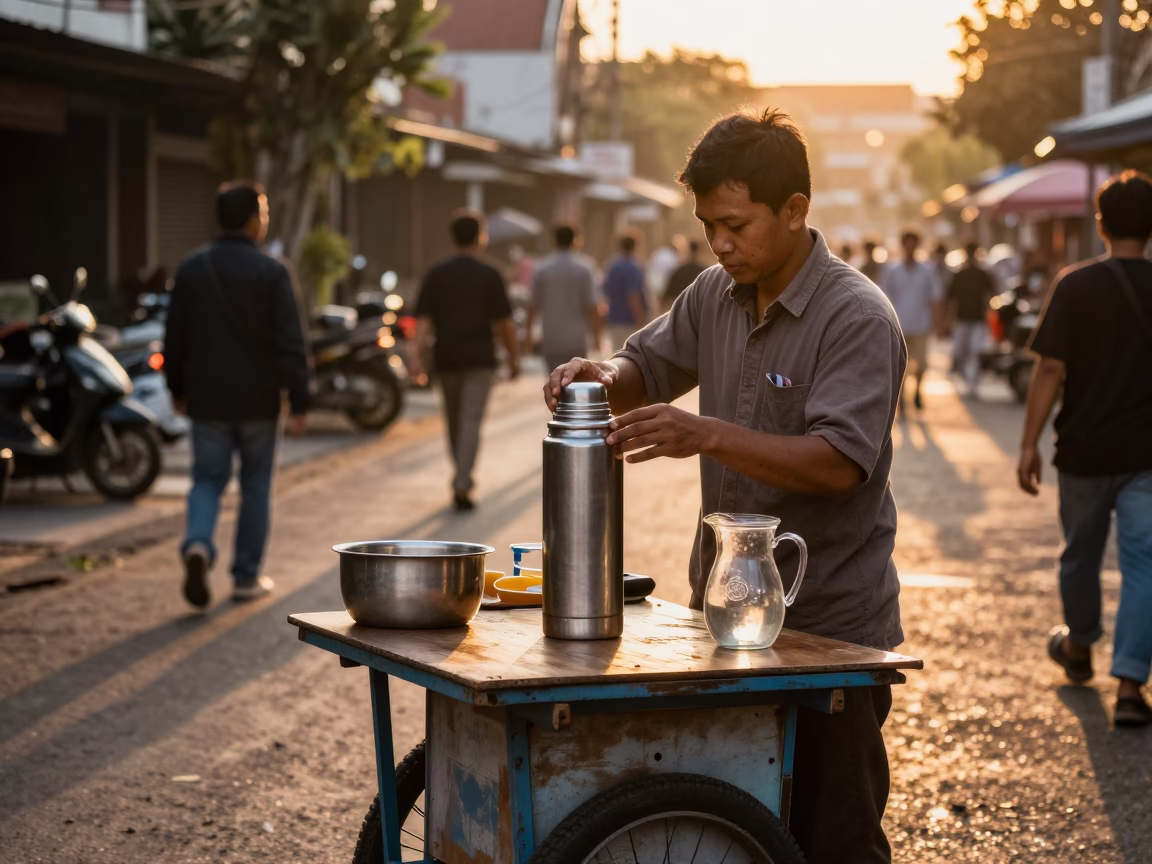 Yogyakarta Street Food Vendor Golden Hour Thermos and Glass Pitcher Scene in in Yogyakarta, Indonesia