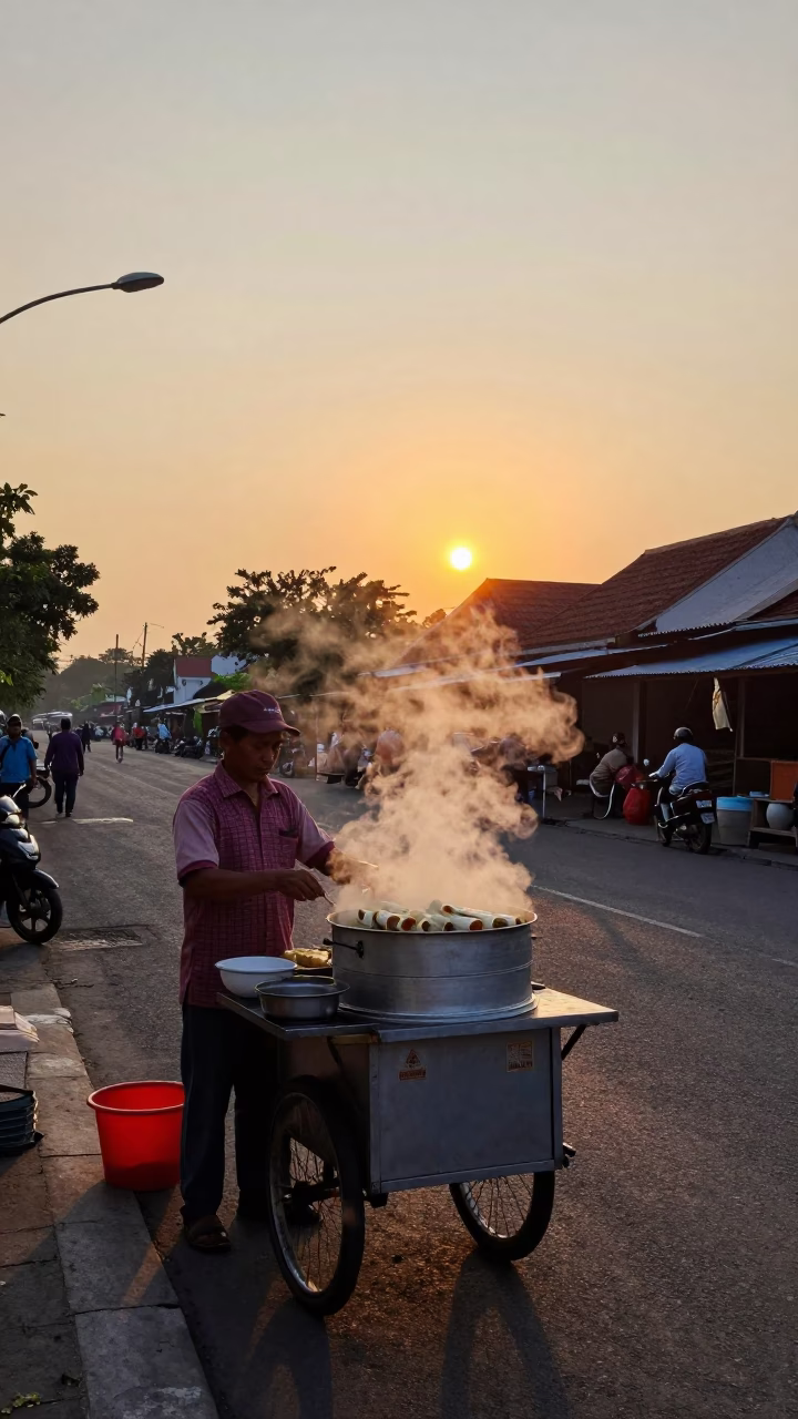 Yogyakarta street food vendor preparing banh cuon rolls at sunset in Indonesia in in Yogyakarta, Indonesia