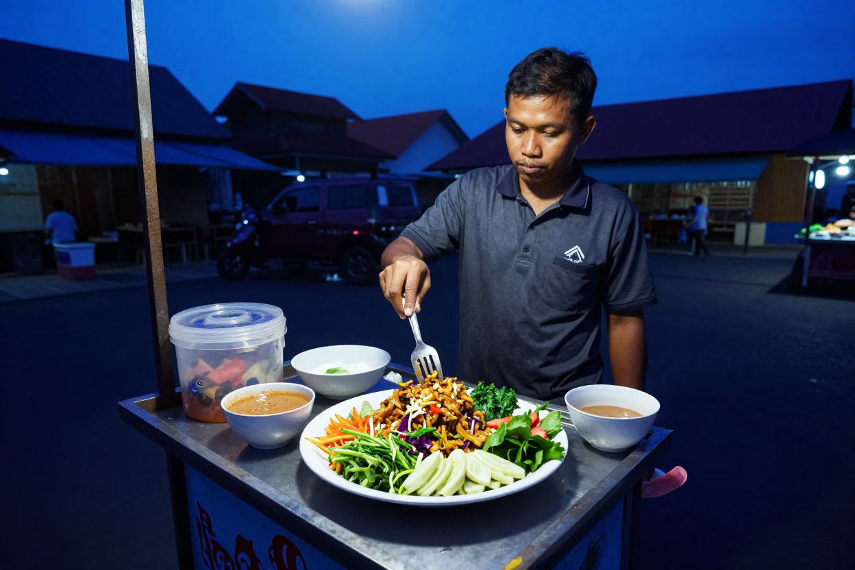 Yogyakarta Street Food Vendor Serving Gado-Gado in Indigo Twilight in in Yogyakarta, Indonesia