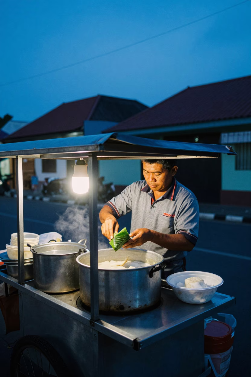 Yogyakarta Street Food Vendor Serving Gudeg Under Evening Blue Light in Indonesia in in Yogyakarta, Indonesia
