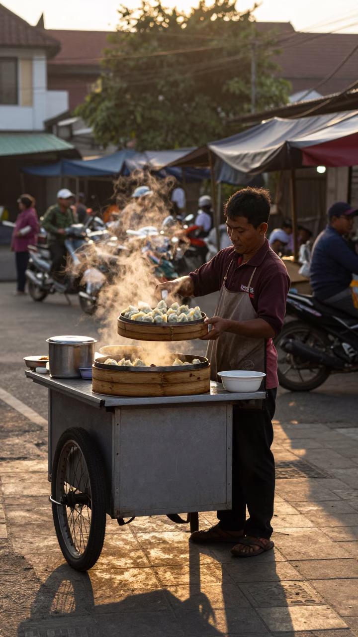 Yogyakarta street food vendor serving hot mandu dumplings at sunset in Indonesia in in Yogyakarta, Indonesia