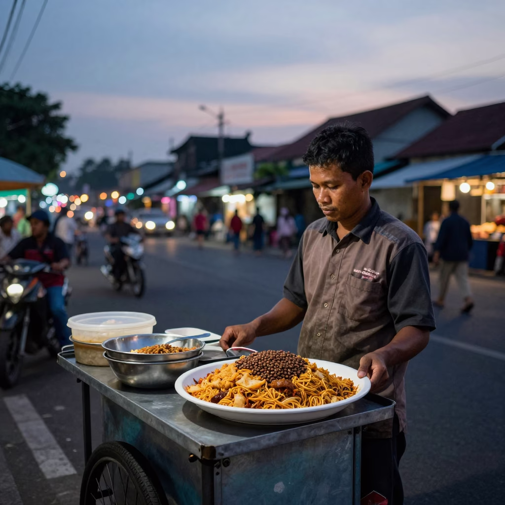 Yogyakarta street food vendor serving koshari at dusk with glowing city lights in in Yogyakarta, Indonesia