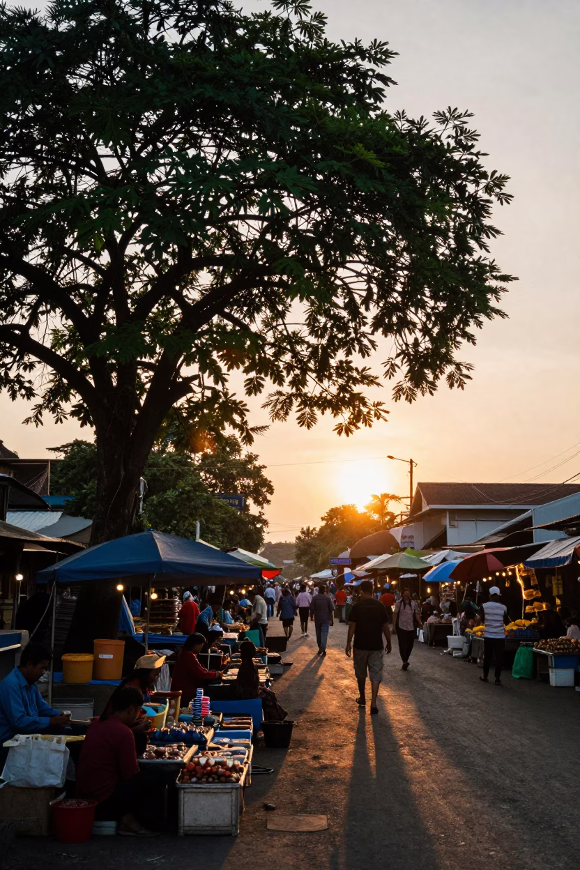Yogyakarta Street Market at Sunset with Tamarind Tree and Local Vendors in in Yogyakarta, Indonesia