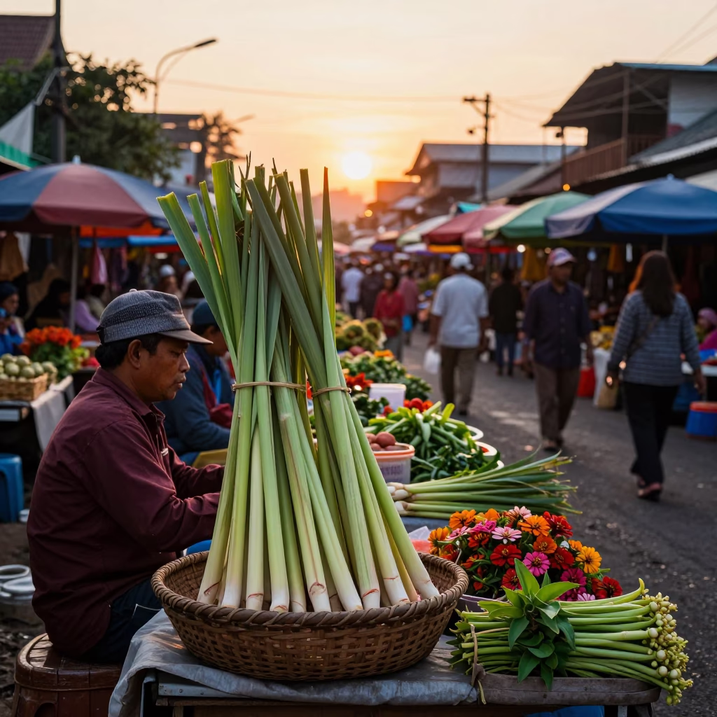 Yogyakarta Street Market Scene with Lemongrass and Zinnias at Sunset in in Yogyakarta, Indonesia
