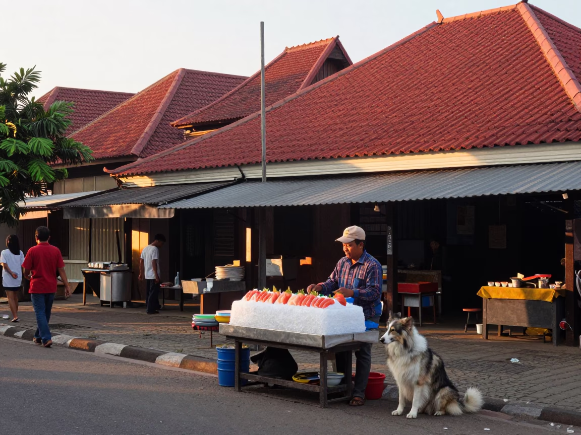 Yogyakarta Street Scene After Sunrise with Local Vendor and Traditional Decor in in Yogyakarta, Indonesia