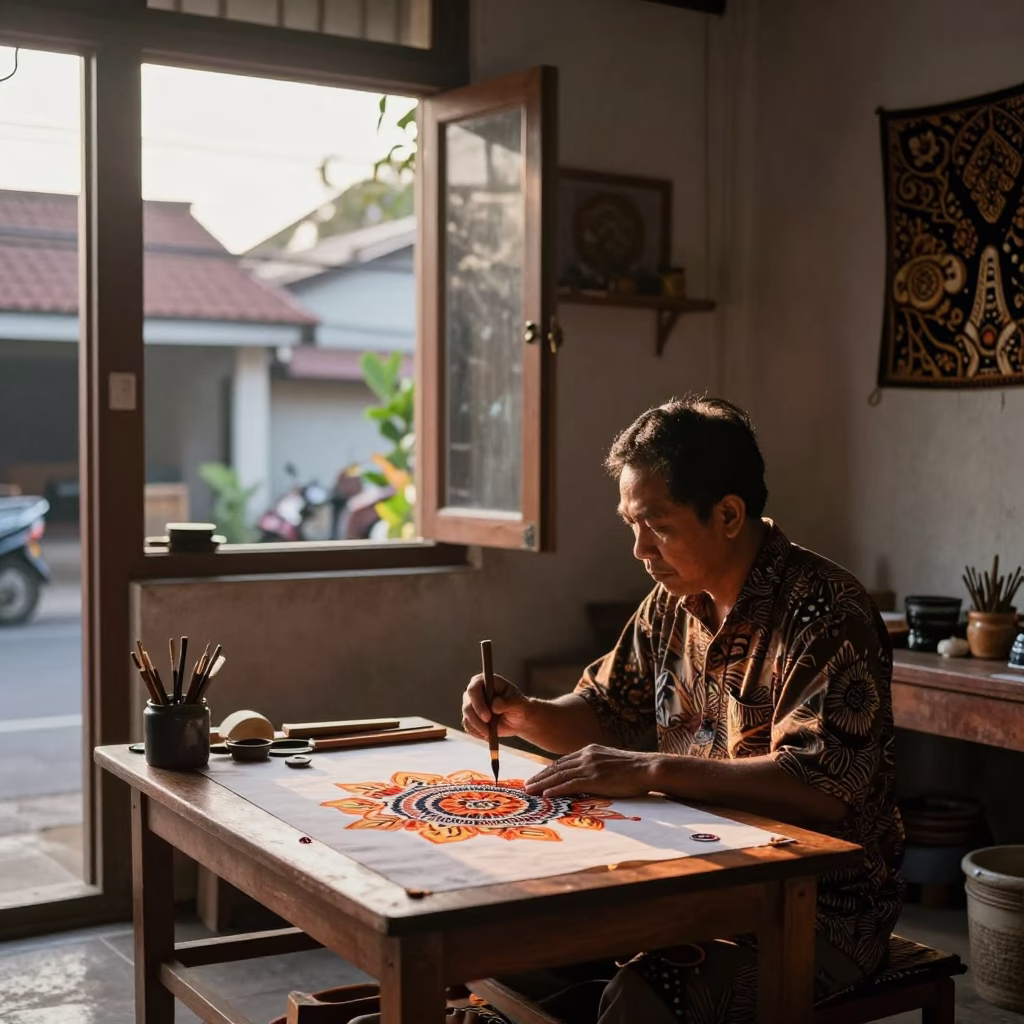 Yogyakarta Street Scene at Dawn with Batik Artist Using Tjanting Tool in Traditional Workshop in in Yogyakarta, Indonesia