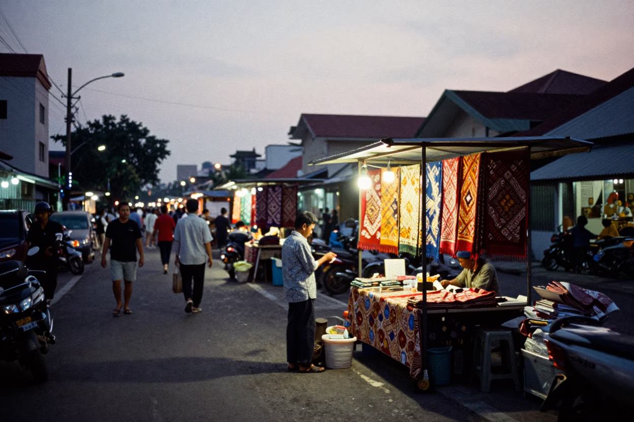 Yogyakarta street scene at dusk with batik cloth and local traffic in in Yogyakarta, Indonesia