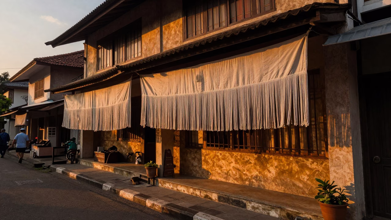 Yogyakarta Street Scene at Dusk with Linen Fringe Detail and Local Activity in in Yogyakarta, Indonesia